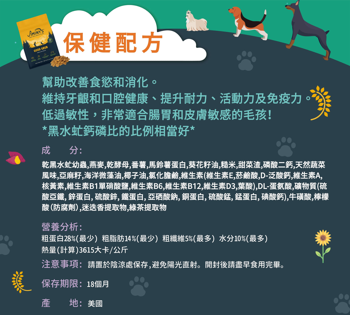 Jiminy's 吉米尼黑水虻狗飼料 (成犬保健配方),專為腸胃敏感、骨骼健康設計